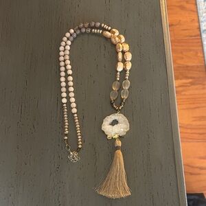 Neutral Druzy Pendant Necklace with Tan Tassel